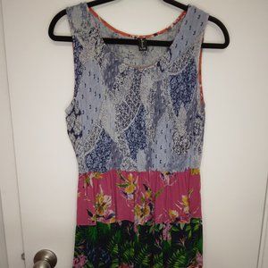 Sacred Threads Blue Pink Orange Floral Color Block Sleeveless Dress - Size L/XL